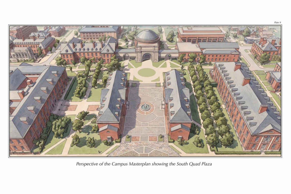 Interpretation of Charles Platt's campus plan featuring a hardscaped plaza south of Foellinger Auditorium.