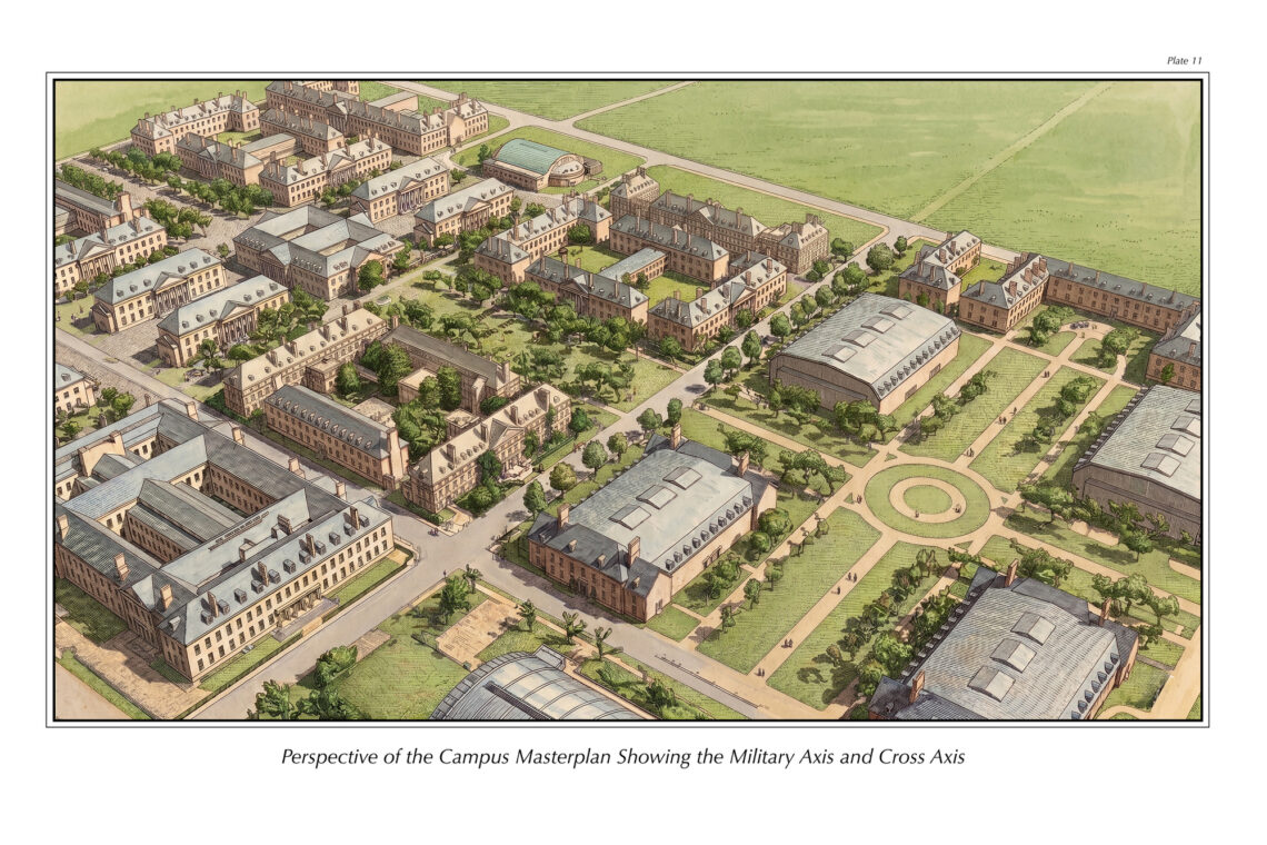 Interpretation of Charles Platt's campus plan showing the proposed Military Axis.