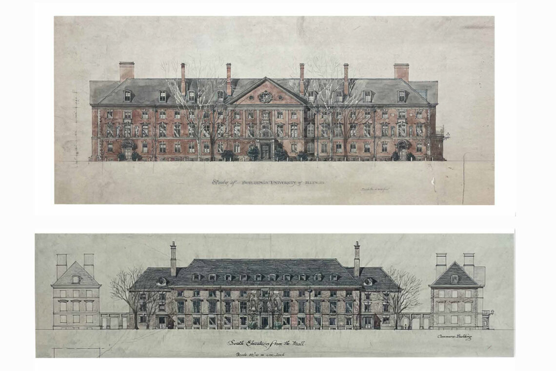 Image of drawings for Mumford Hall and the Architecture Building at Illinois.