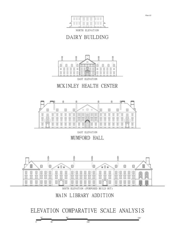 Image of elevations for the Dairy Building, McKinley Health Center, Mumford Hall and an addition to the Library.