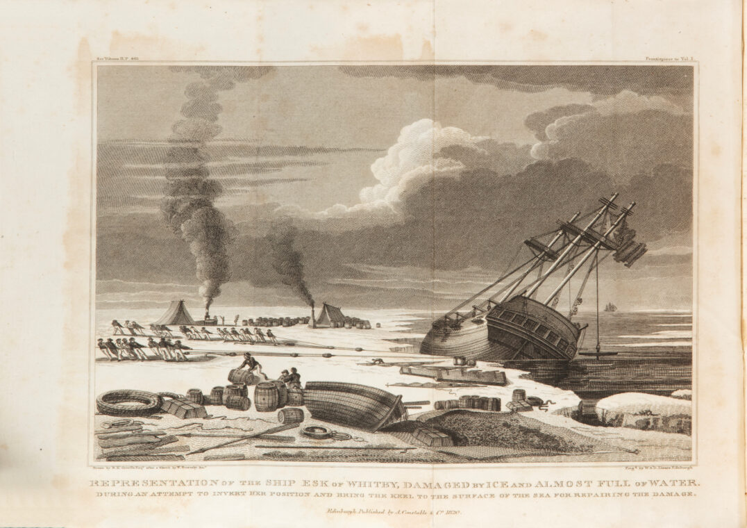 Illustration of a ship leaning to one side in the water, with men on the ice pulling on ropes and stacking supplies.