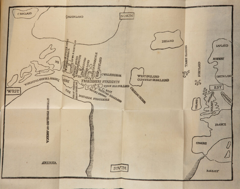 Illustration of a map of the ocean area between Greenland, Iceland and North America, showing various islands.