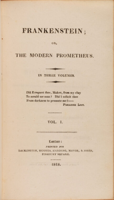 The title page of a first edition of "Frankenstein."