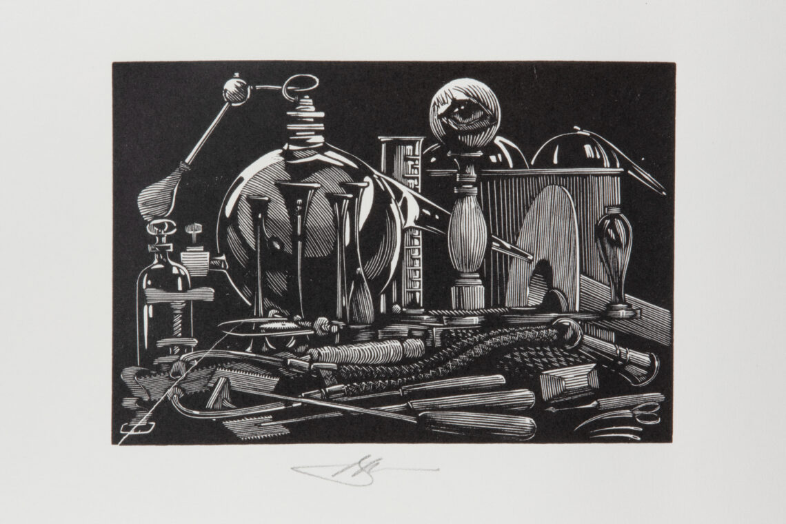 Black-and-white woodblock-style illustration of vials and tubes on a workbench.