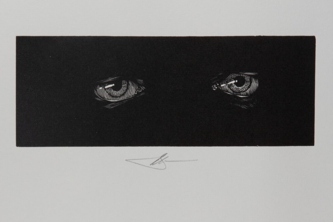 Illustration of a pair of eyes peering out from a black background.