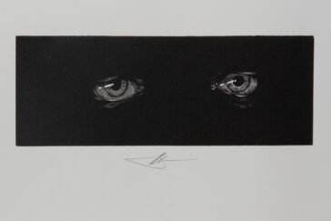Illustration of a pair of eyes peering out from a black background.