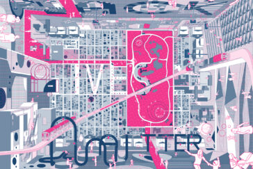 Image of a blue and pink drawing featuring a map with various graphics, people, lines and sculptures at different angles.