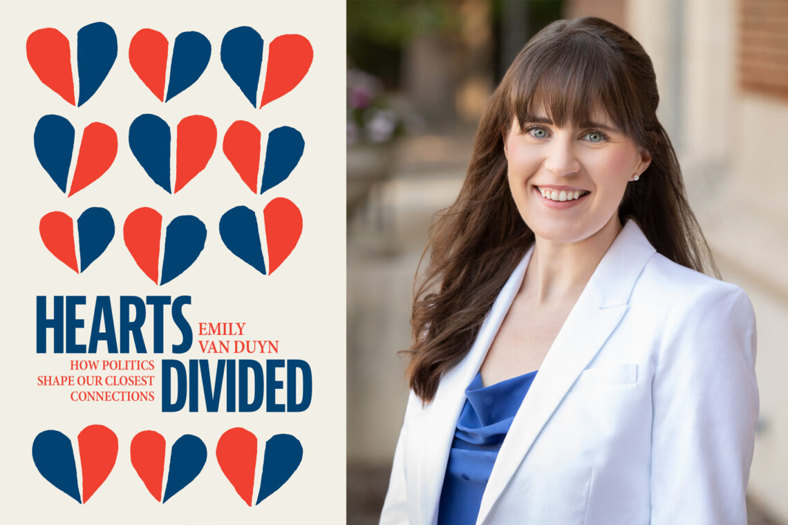 "Hearts Divided" book cover on the left and author Emily Van Duyn on the right wearing a white jacket and blue top