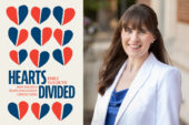 "Hearts Divided" book cover on the left and author Emily Van Duyn on the right wearing a white jacket and blue top
