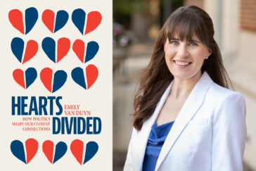 "Hearts Divided" book cover on the left and author Emily Van Duyn on the right wearing a white jacket and blue top