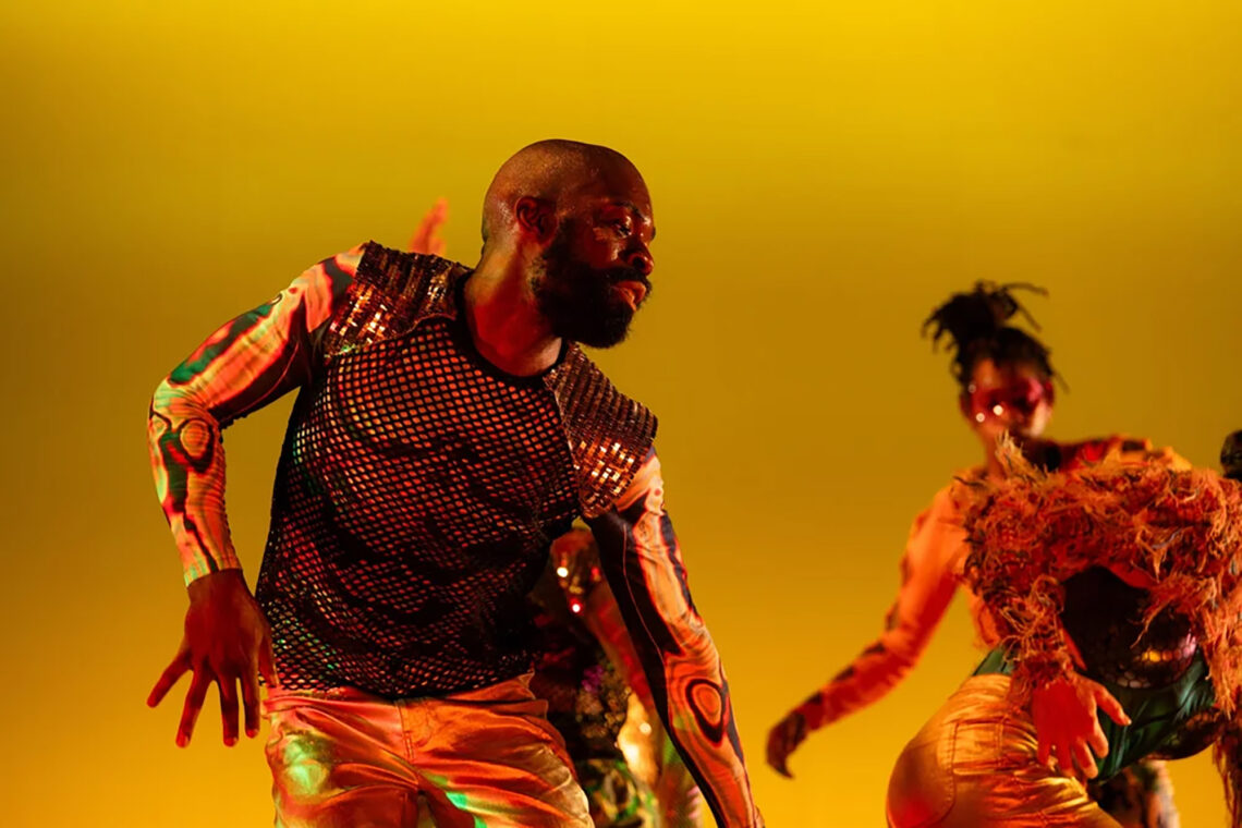 Photo of a dancer in a colorful costume with a mesh top.