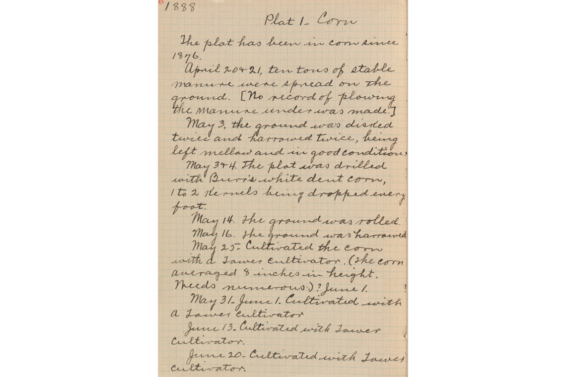 Image of a handwritten notebook page dated 1888, describing the preparation, planting and cultivation of corn in Plot 1.