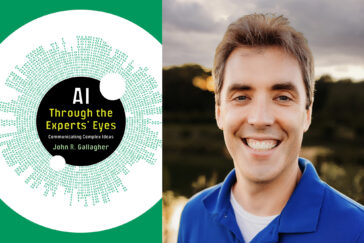 Diptych image of the book cover of "AI Through the Experts' Eyes" and headshot of John Gallagher.