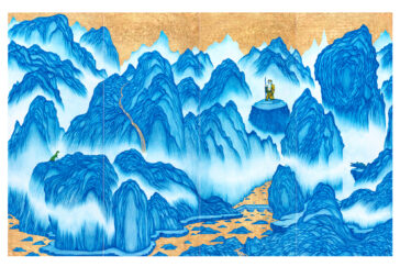 Artwork with brilliant blue mountains, a deity with a robe, staff and grey beard standing on a plateau, and a tiny dinosaur standing on a mountain.